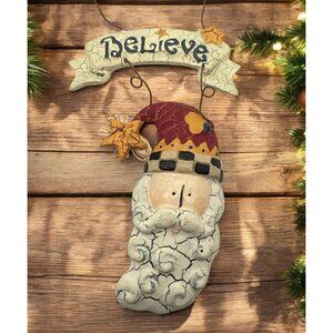 Vintage Santa Claus Believe Christmas Tree Ornament Folk Art Face Rustic